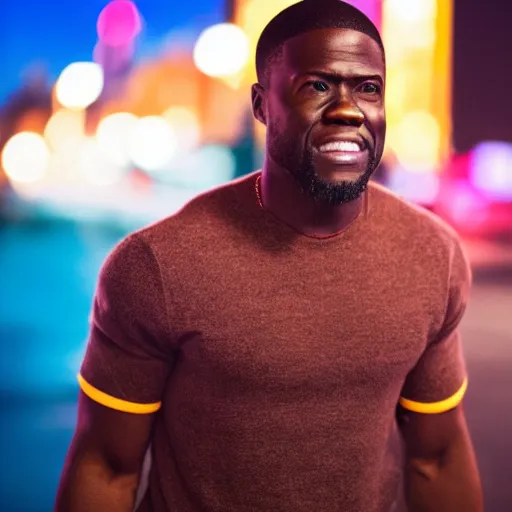 Image similar to a still of Kevin Hart. Shallow depth of field. City at night in background, lights, colors ,studio lighting, mood, 4K. Profession photography