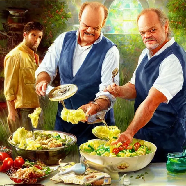 Prompt: kelsey grammer making tossed salad and scrambled eggs, an oil painting by ross tran and thomas kincade