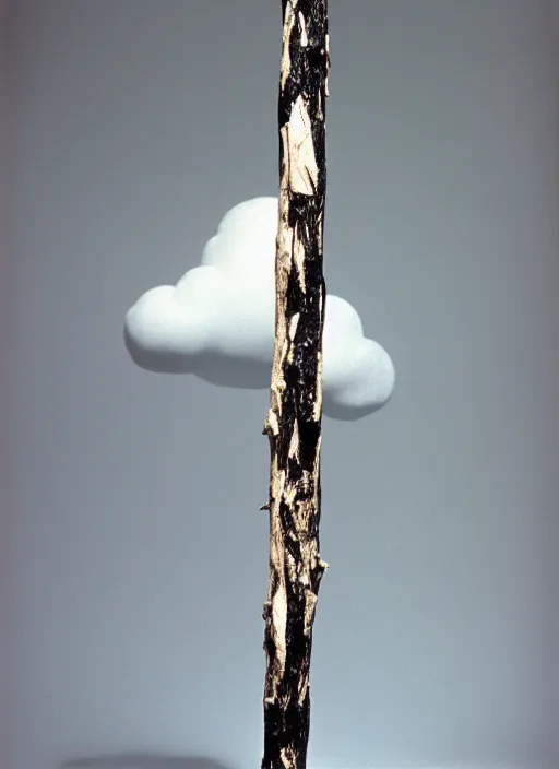 Prompt: realistic photo of a scientific model of black rainy cloud made of white clay, mounted to a wooden branch stick, front view 1 9 9 0, life magazine reportage photo, metropolitan museum photo