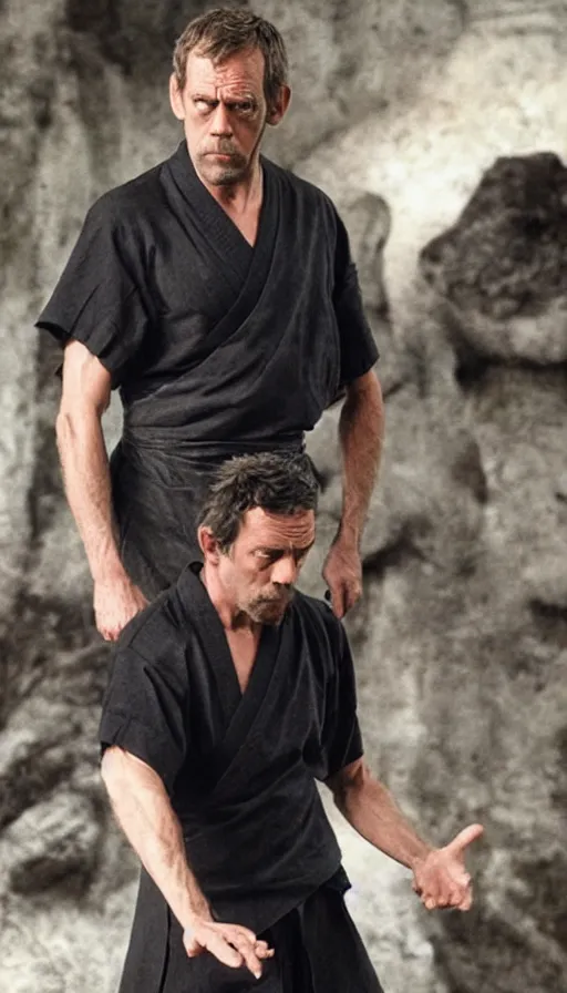 Prompt: hugh laurie as the kung fu master, masculine, muscular, sweaty, angry, no shirt, intricate, wearing torn kimono pants, crazy camera angles, heartthrob, hero, intricate, symmetrical features, perfect hands, full body, highly - detailed,