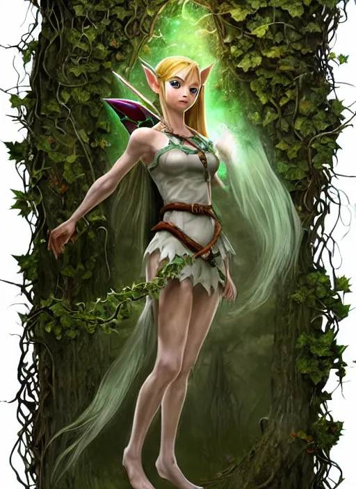 Image similar to beautiful full body portrait of the legend of Zelda ocarina of time great fairy, her body wrapped with ivy vines leaves and flowers, dark fantasy esoteric, D&D, fantasy, cinematic lighting, intricate, elegant, highly detailed, digital painting, artstation, concept art, matte, sharp focus, illustration, art by Artgerm and Tom Bagshaw and Greg Rutkowski and Alphonse Mucha