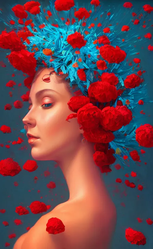 Prompt: a red oil painting hyperrealism of a beautiful woman on a white background, flowers, floral headdress, 8 k resolution, octane render, trending on artstation, by gediminas pranckevicius, volumetric light 2 blue fractal thunder glow by dan mumford, anaglyph effect, laurie lipton