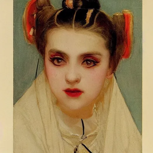 Image similar to maid!!! cosplay, symmetric beautiful face, orientalism portrait of a cute young woman with twin tails by Edwin Longsden Long and Theodore Ralli and Nasreddine Dinet and Adam Styk masterful intricate artwork