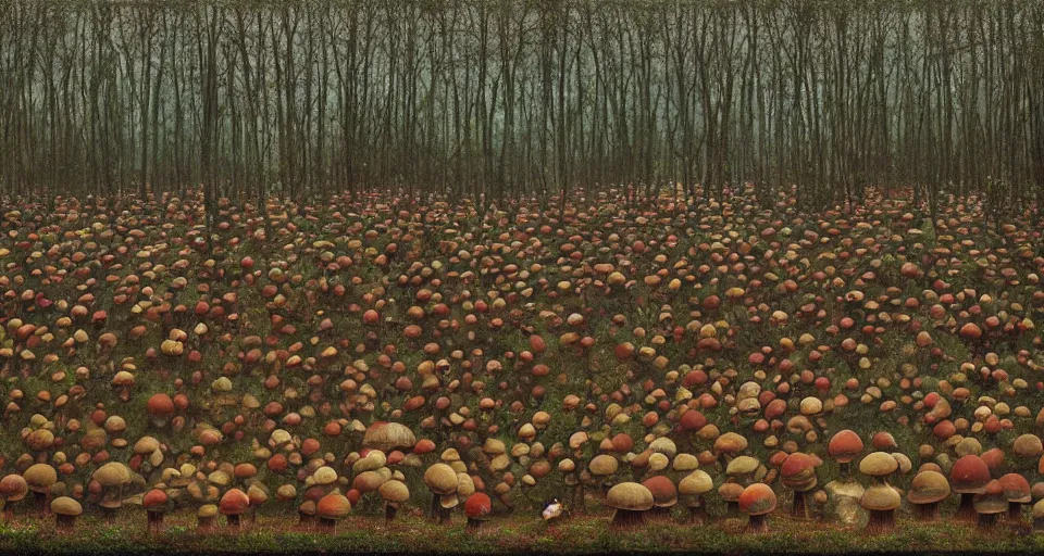 Image similar to A tribal village in a forest of giant mushrooms, by Dan Witz