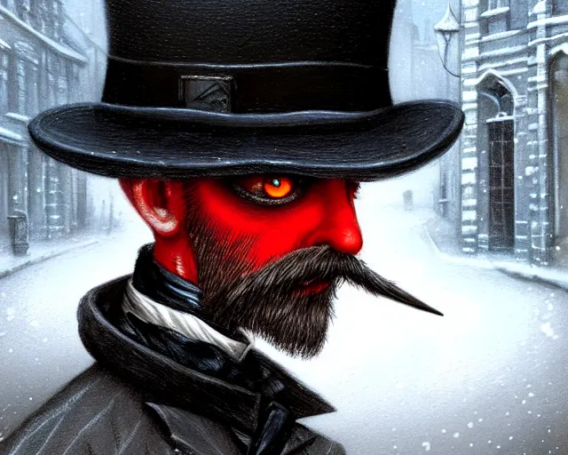 Prompt: closeup profile portrait of jack the ripper walking the streets of victorian london, nicoletta ceccoli, mark ryden, lostfish, max fleischer, hyper realistic, artstation, illustration, digital paint, matte paint, vivid colors, bright, cheerful, detailed and intricate snow environment
