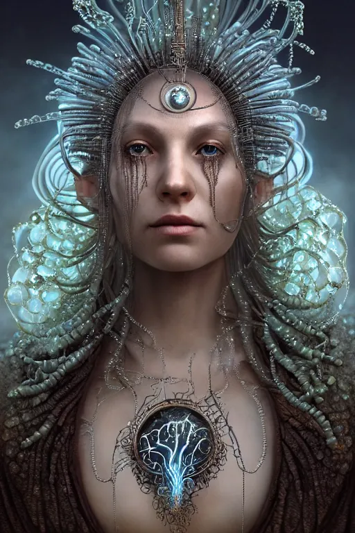 Prompt: a centered render of a wild post apocalyptic goddess with wearing ornate silver and gemstones and crystal clothing surrounded by flowing liquid gallium jellyfish and sacred geometry, perfect body and face, gorgeous, cinematic, beautifully lit, by tomasz alen kopera and peter mohrbacher and craig mullins, 3 d, trending on artstation, octane render, 8 k