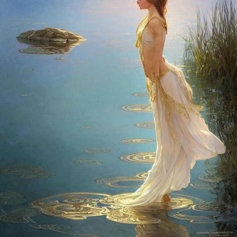 Image similar to highly detailed portrait of a barefoot white skirt girl stand on the water, water surface reflection, the calm sea level, gold filigree, romantic storybook fantasy, soft cinematic lighting, award, disney concept art watercolor illustration by mandy jurgens and alphonse mucha and alena aenami, pastel color palette, featured on artstation