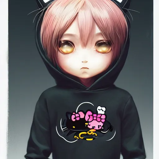 Image similar to Hello Kitty wearing black hoodie by Stanley Artgerm Lau, WLOP, Rossdraws, James Jean, Andrei Riabovitchev, Marc Simonetti, Yoshitaka Amano, ArtStation, CGSociety,