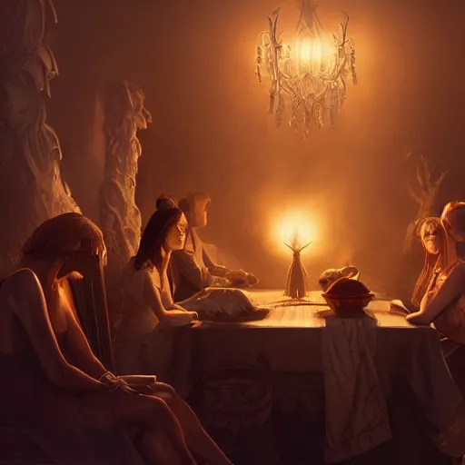 Image similar to Séance session, elegant, Hyper-realistic, 4K, Unreal Engine, Highly Detailed, HD, Dramatic Lighting by Brom, golden hour, trending on Artstation