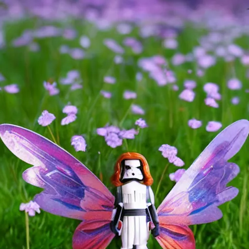 Prompt: little stormtrooper winged fairies, flying around the flowers in a sunny meadow