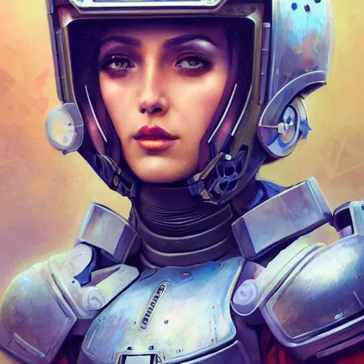 Image similar to retro futuristic female soldier with open helmet in armour, face portrait, highly detailed, fractals, ornate, cinematic, 8k, by Stanley Artgermm, Tom Bagshaw, Greg Rutkowski, Vincent di Fate, Carne Griffiths, Ayami Kojima, trending on DeviantArt, hyper detailed, full of color, digital art,