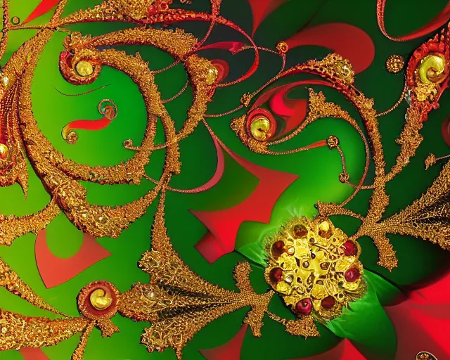 Prompt: random abstract fractal shapes ornately decorated with gold and gems, green background, studio photography, rubies, emeralds, gold, jewels,