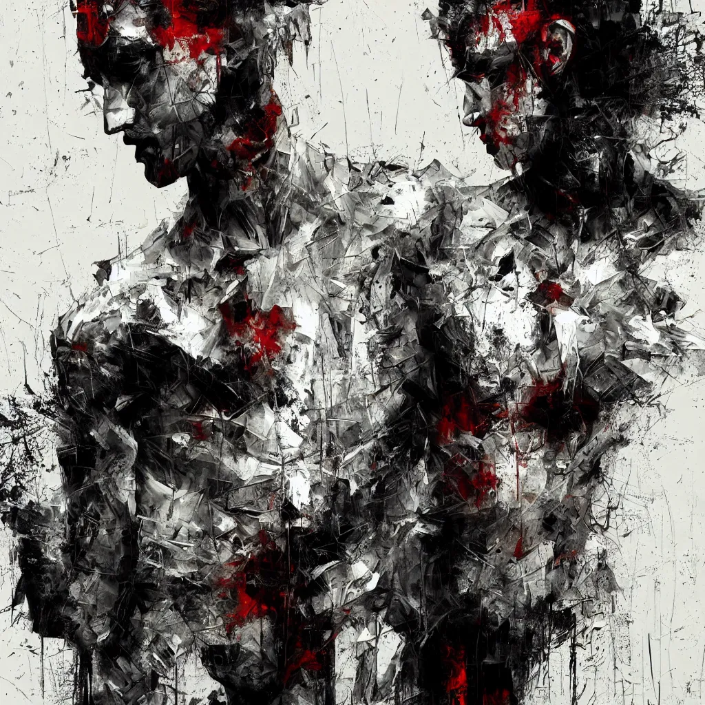 Image similar to full body shot dark man sociopath white background abstract expressionism quality render unreal engine 5 oil painting 3 d by russ mills