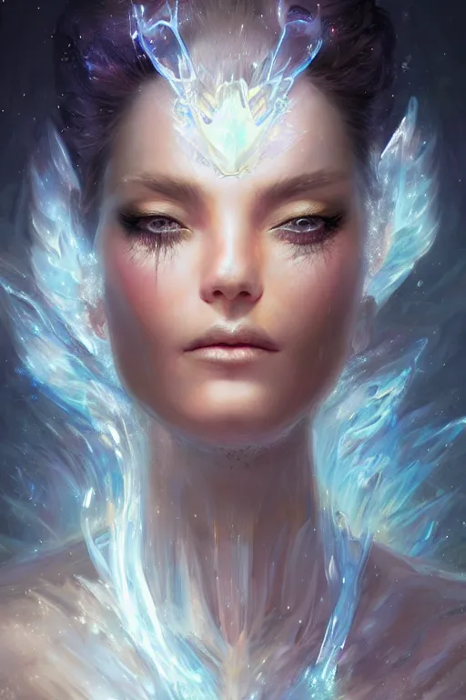 Prompt: face closeup of beautiful model wearing glass and ice dress, sorcerer, diamonds, angel, fantasy, dramatic lighting, highly detailed, digital painting, holding electricity, magic the gathering, hyper detailed, 3 d render, hyper realistic detailed portrait, peter mohrbacher, wlop, ruan jia