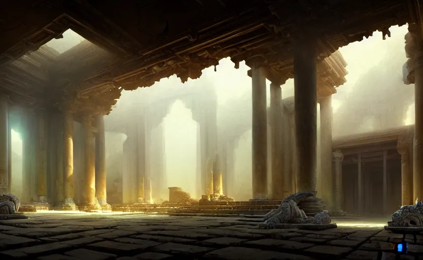 Prompt: The interior of an mytical and ancient temple in ruins, intricate, elegant, volumetric lighting, digital painting, highly detailed, artstation, sharp focus, illustration, concept art, ruan jia, steve mccurry