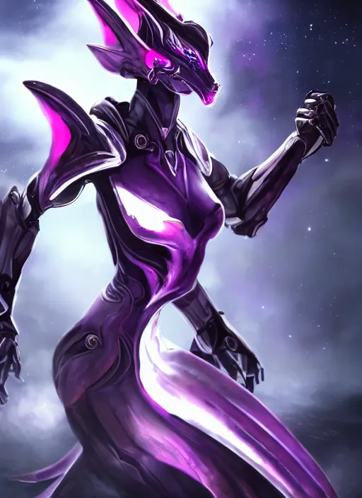 Image similar to cinematic goddess close shot, galactic sized proportional stunning beautiful hot female warframe, sleek mecha female dragon head, metal ears, led purple eyes, smooth fuschia skin, smooth silver armor, floating in space, holding a galaxy, epic proportions, epic size, epic scale, furry art, dragon art, giantess art, warframe fanart, furaffinity, octane