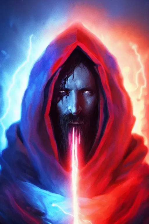 Image similar to A full body portrait of a mysterious dark sorcerer, with a long beard, a very long red and blue hooded cloak with blue fire coming off it, lightning in the sky art by Maciej Kuciara and Jason Chan, ominous, cosmic horror, trending on artstation, Ultra detailed, hyper realistic 4k
