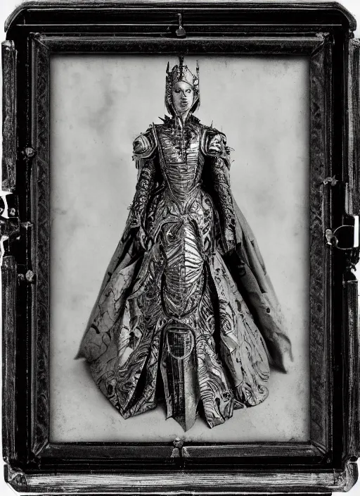 Image similar to old wetplate daguerreotype frame portrait of a futuristic silver armored pretty queen elisabeth emperor district 9 cyborg, fractal, intricate, elegant, highly detailed, subsurface scattering, by jheronimus bosch and greg rutkowski and louis jacques mande daguerre