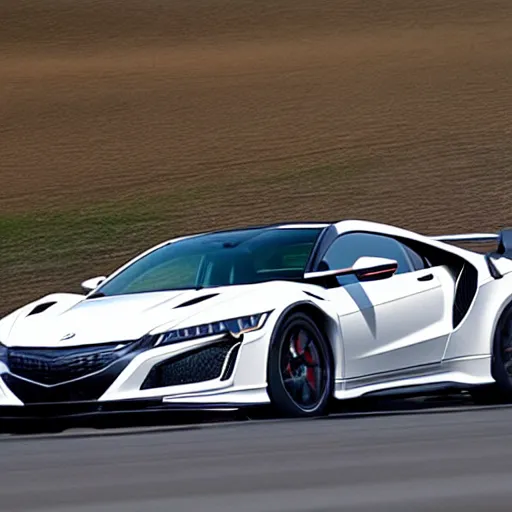 Prompt: nsx type r in white with a large wing on the rear, action photo