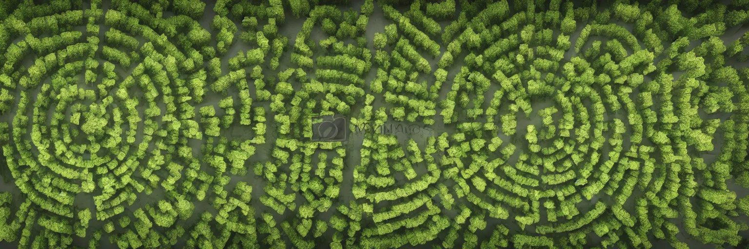 Prompt: a forest maze viewed from above, extremely detailed, beautiful, high quality image, dynamic lighting, photorealistic, trending on art station, stunning visuals, creative, cinematic, ultra detailed