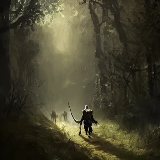 Image similar to a knight dressed in black armor walking his pet lion in a forest,dramatic,detailed face,digital art,art by greg rutkowski,Akihiko Yoshida,artstation,deviantart,photorealistic,highly detailed,calm,natural lighting,hyperdetailed