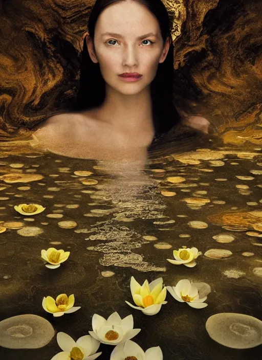 Image similar to !dream Kodak Portra 400, 8K, soft light, volumetric lighting, highly detailed, star trek style 3/4 ,portrait photo of Rena Nōnen, the face emerges from a thermal water flowing down gold travertine terraces, with lotus flowers, inspired by Ophelia paint , a beautiful luxurious royal suit, intricate hair with highly detailed realistic beautiful flowers , Realistic, Refined, Highly Detailed, ethereal lighting colors scheme, outdoor fine art photography, Hyper realistic, photo realistic