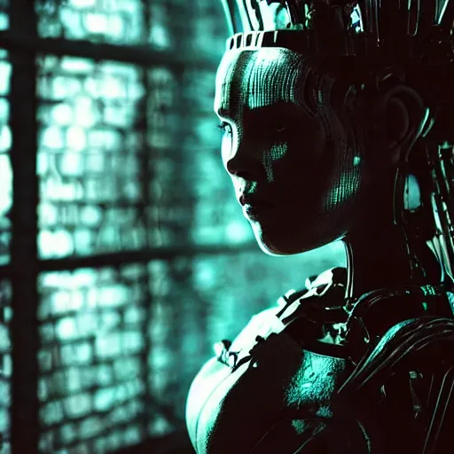 Prompt: very pretty borg queen, moody lighting, shallow depth of field,