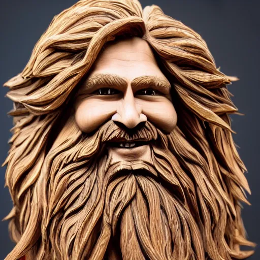 Image similar to a flawless, purely wood sculpture of a man with long hair, with trimmed beard, smiling widely. wood statue, extremely detailed, award-winning art, trending on Artstation