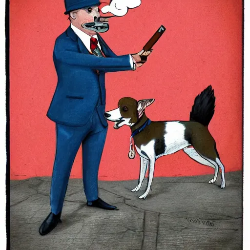 Prompt: Blue Heeler dog wearing a suit and smoking a cigar, holding a shotgun and pointing it at somebody mob-style.