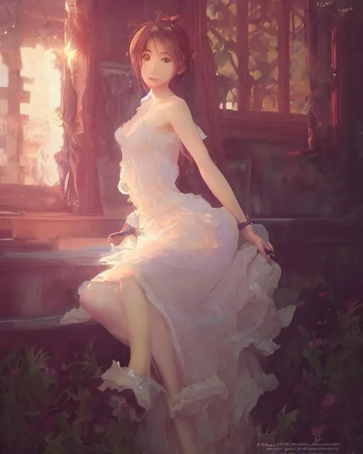 Image similar to aerith gainsborough in lace skirt, portrait, illustration, rim light, top light, perfectly shaded, soft painting, art by krenz cushart and wenjun lin