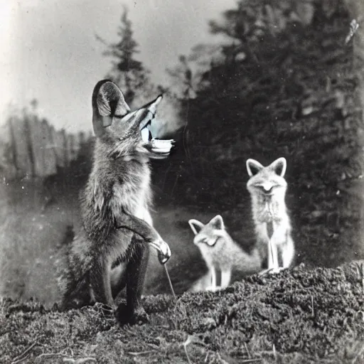 Image similar to anthropomorphic fox man doing fieldwork, 1910s film still