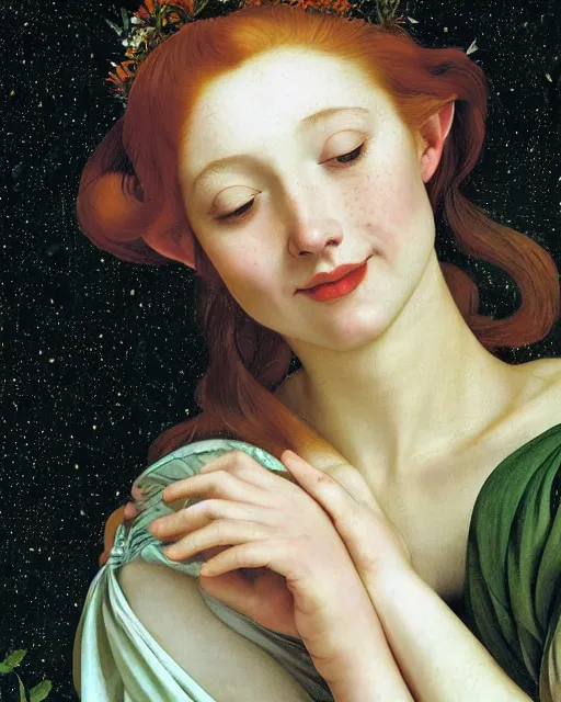 Image similar to a happy a young woman, among the lights of golden fireflies and nature, wearing a wonderful dress, long loose red hair, intricate details, green eyes, freckles on the nose, round gentle smiling face, golden ratio, high contrast, hyper realistic digital art by artemisia lomi gentileschi and caravaggio and artgerm.