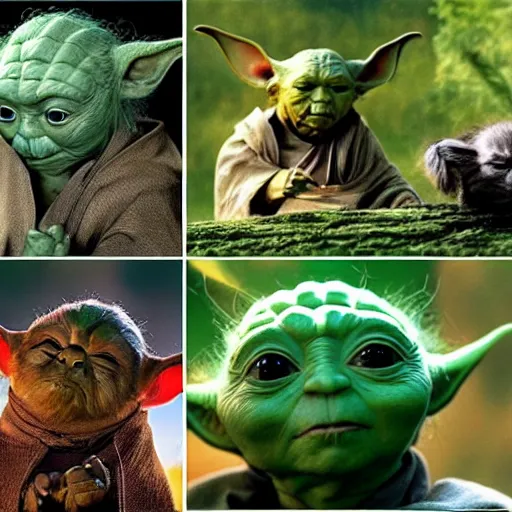 Prompt: a civilization of members of Yoda's species interacting with eachother on their home planet, award winning nature photo