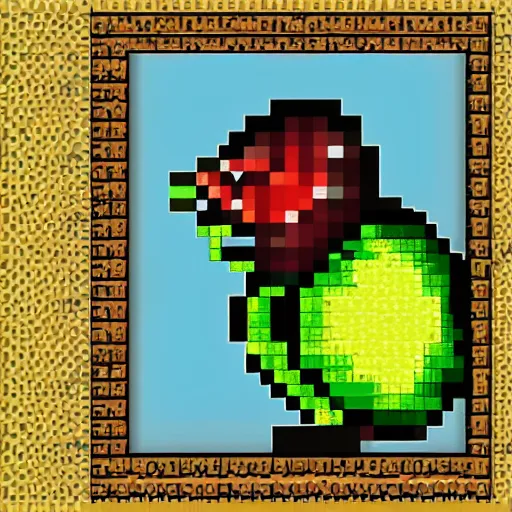 Image similar to kiwi bird eating kiwi fruit, pixel art