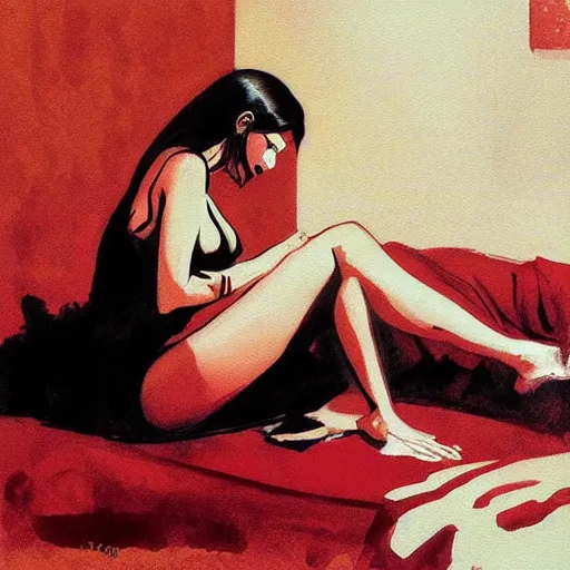 Prompt: gal godat in a noir hotel room by artgerm, jeffrey catherine jones