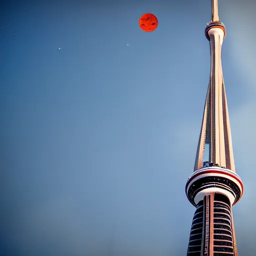 Prompt: Toronto tourist guide with planet mars as a head impaled on Toronto space needle, dramatic cinematic lighting