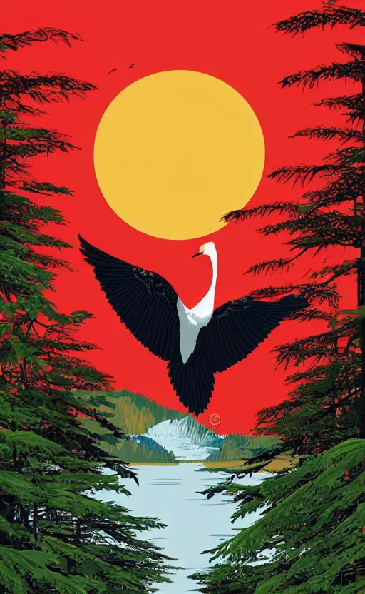 Prompt: fresh trump card design, vector art, a huge japanese crane bird is chilling above a lake in the middle of a forest of japanese pines, a big red sun in the background, front of game card, clean elements, trending on kickstarter, stunning, solid colors