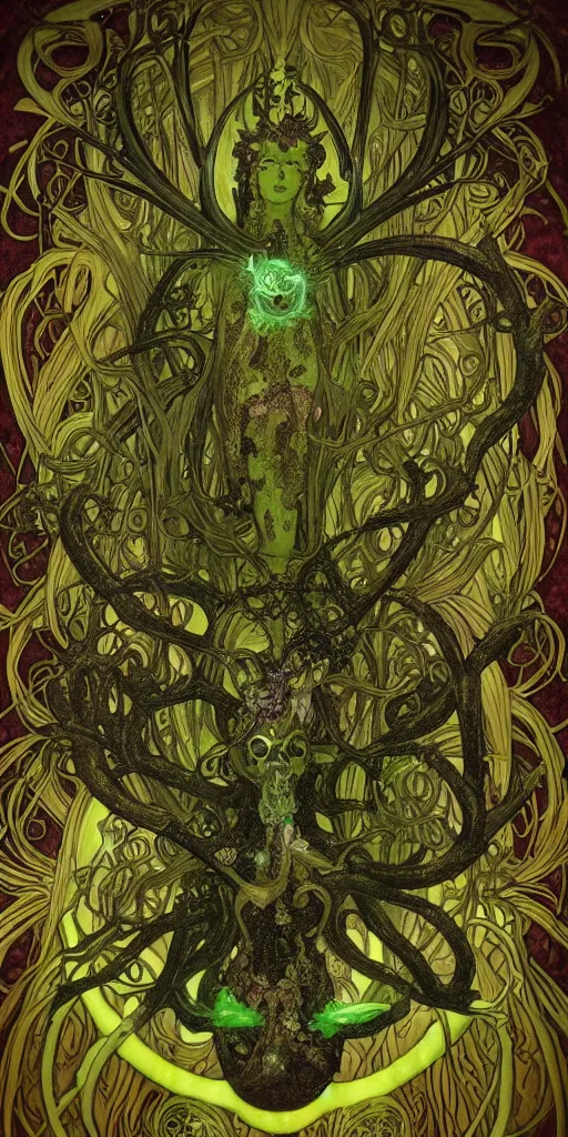 Prompt: intense glowing pagan fungus god with antlers and tentacles and intense glowing eyes and a mossy skull in very dark cosmic space by alphonse mucha and karol bak and h r giger, portrait, fantasy, clear, light beams, lens flare, intense, uhd, amazing depth, cinematic lighting, deep green and black and shining gold