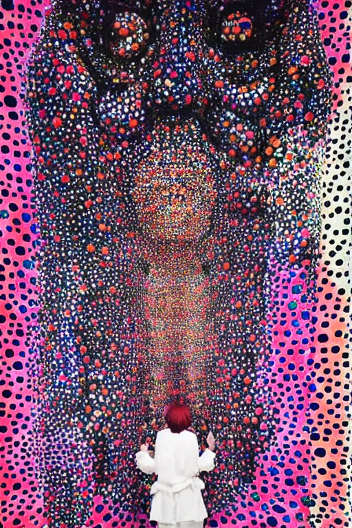 Image similar to yoshitaka amano, yayoi kusama, ethereal being woman in galaxy