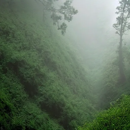 Image similar to emerald urban canyon evergreen forest in fog