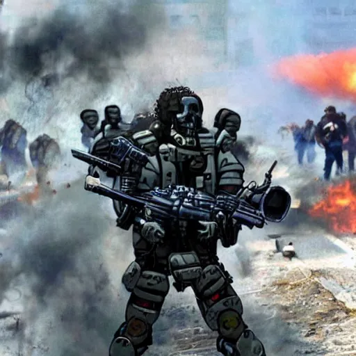 Image similar to Terminator T800 fighting in Ukraine against Russian forces, anime style