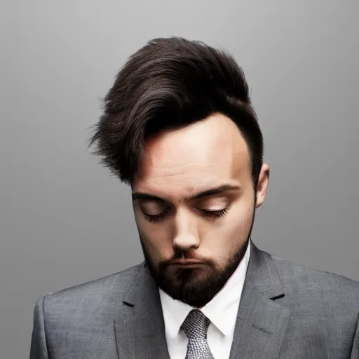 Prompt: photo of a sad ball of hair wearing a suit