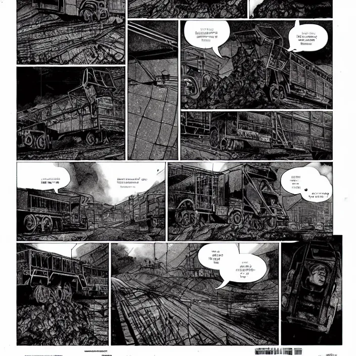 Image similar to sadie sink pulls a trolley in a coal mine. storyboard, scifi cyberpunk. by gabriel hardman, joe alves, chris bonura. cinematic atmosphere, detailed and intricate, perfect anatomy