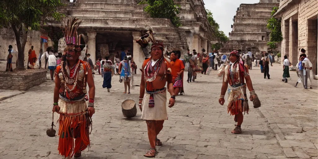Image similar to india in the 1 8 0 0 s filled with ancient palenque mayan architecture, mayan man walking the streets, indians in traditional wear haggling with the street vendors, surreal, beautiful, hyper realistic, trending on artstation, 8 k, hd