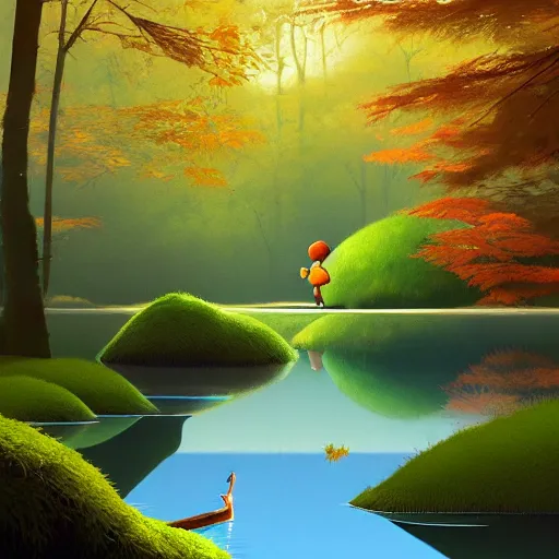 Image similar to goro fujita ilustration a river in the forest with clear water with moss on the edges, while watching a golden carp fish swimming, painting by goro fujita, sharp focus, highly detailed, artstation