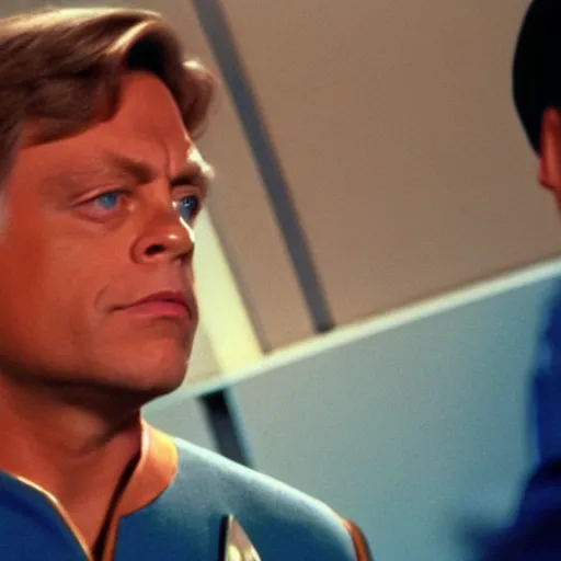 Image similar to stunning awe inspiring mark hamill as a star fleet captain on star trek, movie still 8 k hdr atmospheric lighting