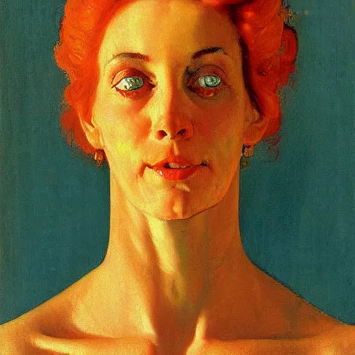 Image similar to Face portrait of a cyan woman and an orange woman. A painting by Norman Rockwell.