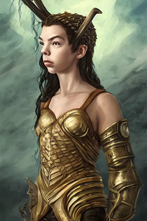 Prompt: A fantasy comic book style, portrait painting of, Anya Taylor-Joy, composite hybrid, Oona Chaplin, as a youthful, Reptilian, Atlantean Warrior, Mystical Valkyrie, Modest light Armor, Sword, Sheild, Spear, François Boucher, Oil Painting, unreal 5, DAZ, hyper-realistic, Photorealistic, octane render, Regal, Refined, Coherent, Detailed Digital Art, RPG portrait, William-Adolphe Bouguereau, Michael Cheval, Walt Disney (1937), Steampunk, Hieronymus Bosch, Golden dappled dynamic lighting, Highly Detailed, Theophanic atmosphere, Cinematic Lighting, Unreal Engine, 8k, HD