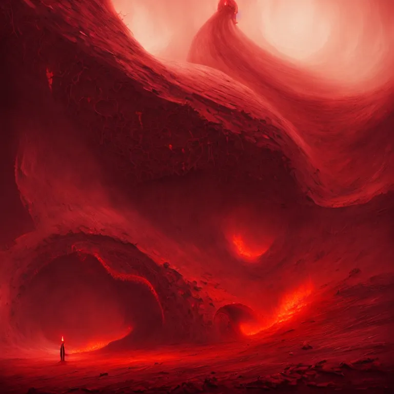 Prompt: one lone singular swirling otherworldly demonic figure shrouded in red robes emerges from extensive barren charcoal dunescape, flames, matte painting by peter mohrbacher and filip hodas, background colosseum!, godrays, high contrast, highly detailed