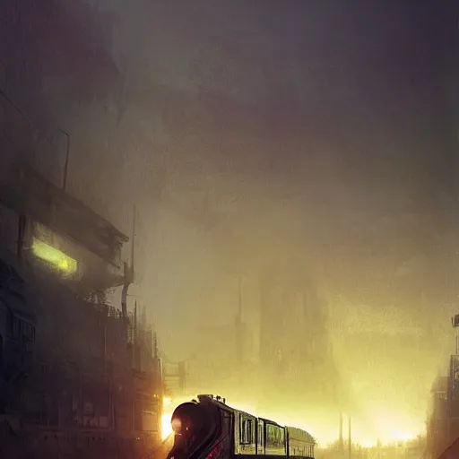 Image similar to a train driving trough dystopian hellscape, long shot, lumnious, magical, atmospheric, urban concept art, backlighting, by greg rutkowski *, martin mottet, maya takamura, and william turner